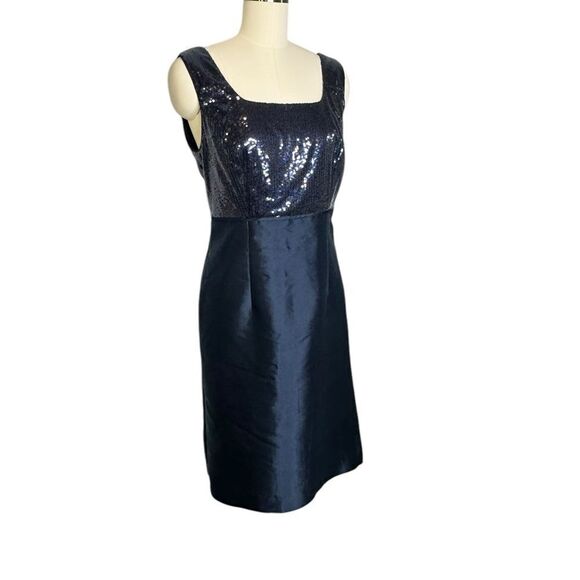 Talbots Navy Blue Silk Organza Sequin Sleeveless Cocktail Sheath Dress | 14 - Picture 2 of 8